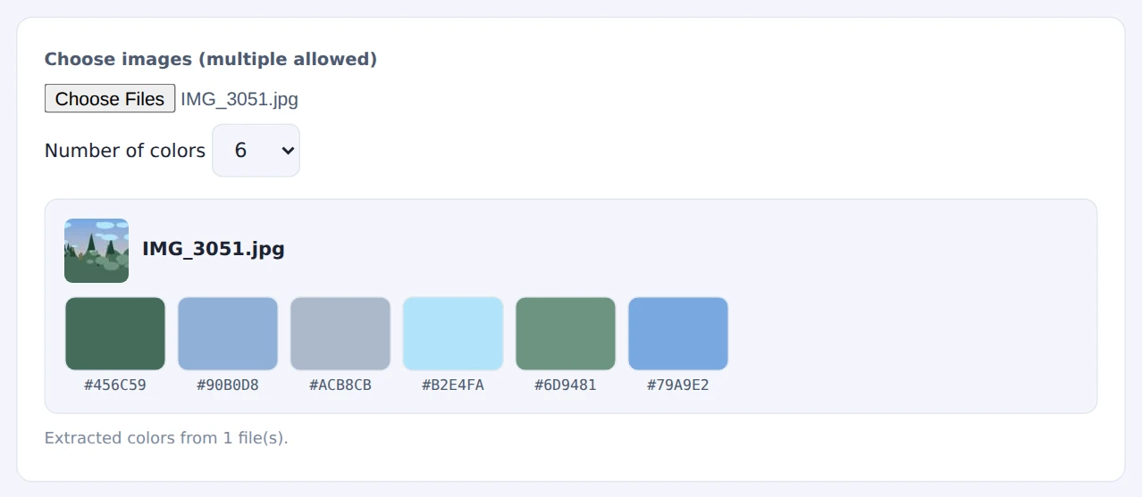 Six main colors extracted from a landscape photo, shown with HEX codes