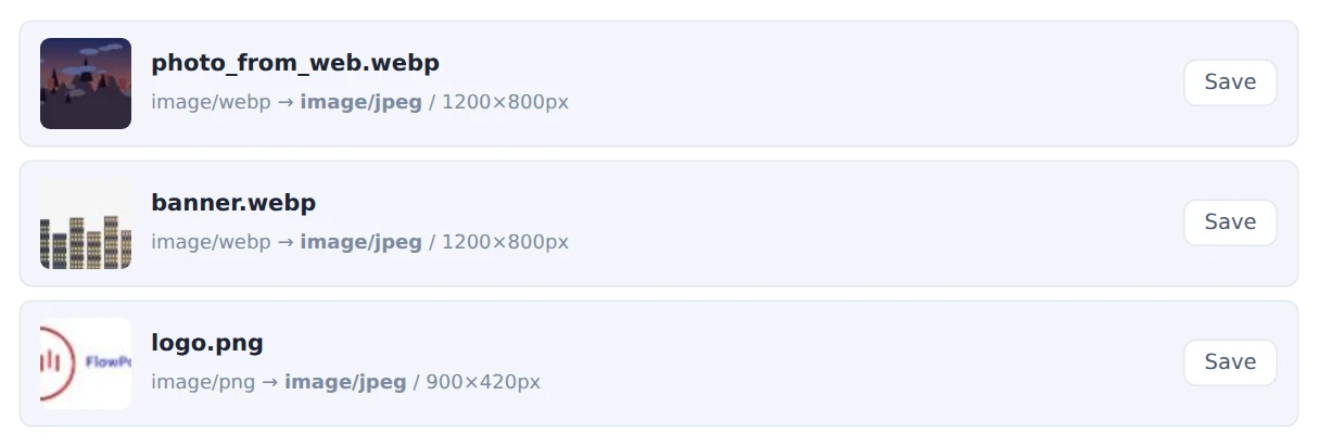 The three images converted to JPEG, listed with Save buttons