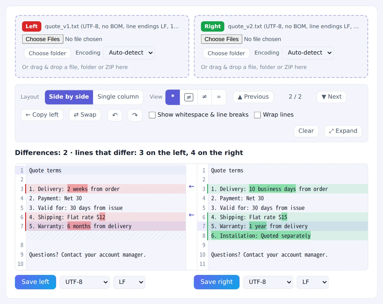 Old and new versions of a quote with the changed delivery, shipping and warranty terms and an added line highlighted