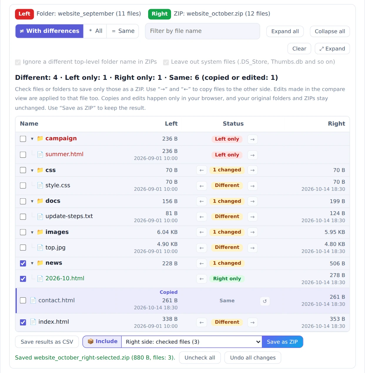 contact.html copied to the left, and only the checked files saved as a ZIP