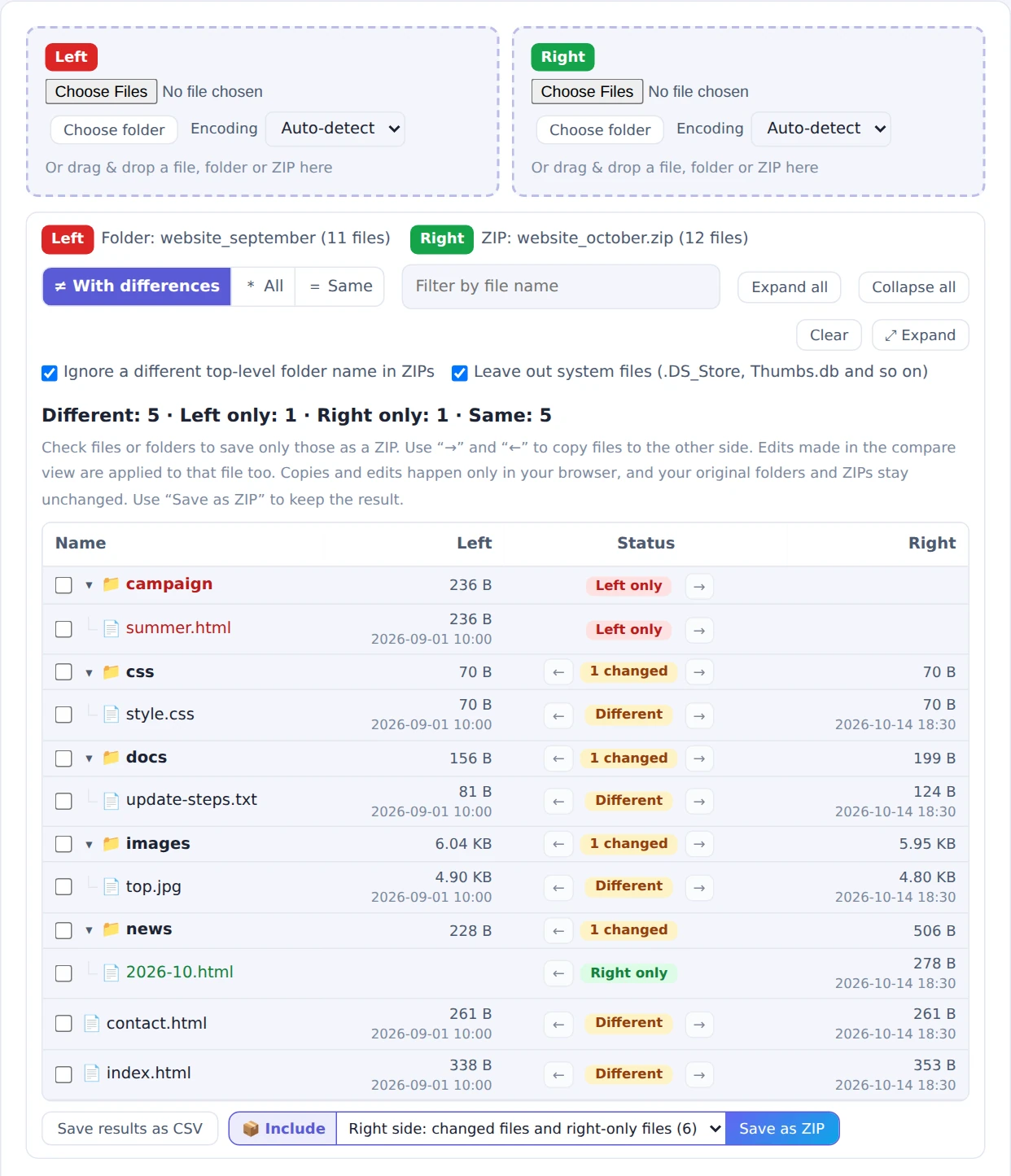 A September folder compared with an October ZIP, with changed, left-only and right-only files shown in a tree