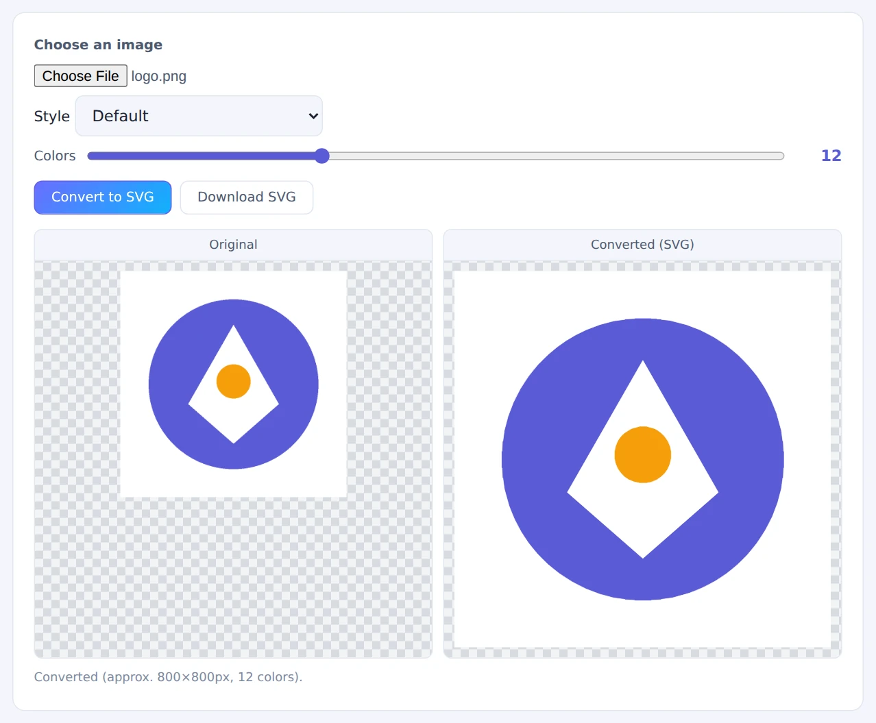 A logo converted with the Default style and 12 colors, shown side by side with the resulting SVG