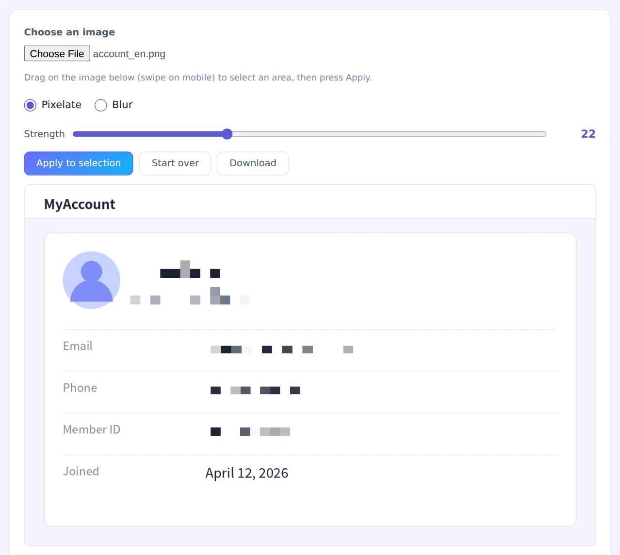 An account screenshot with the name, email, phone and member ID pixelated