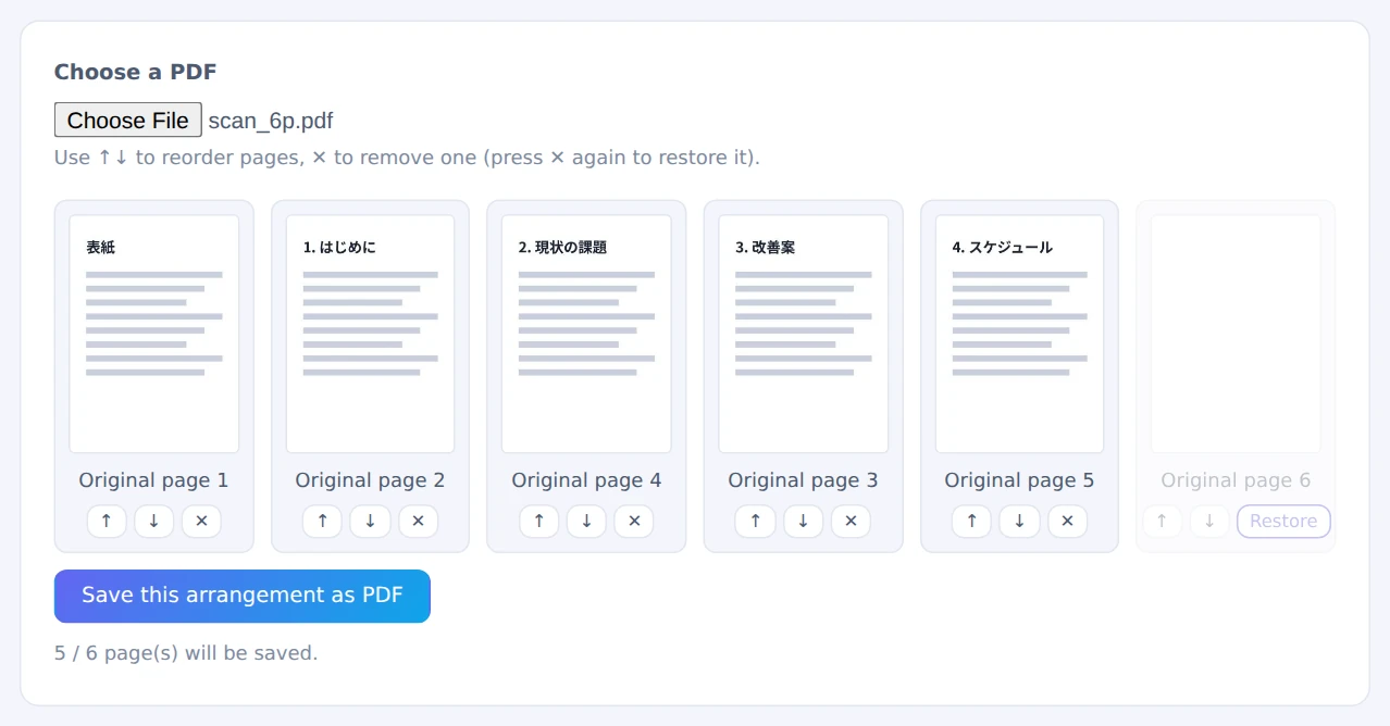 An out-of-order six-page PDF rearranged, with the blank last page removed