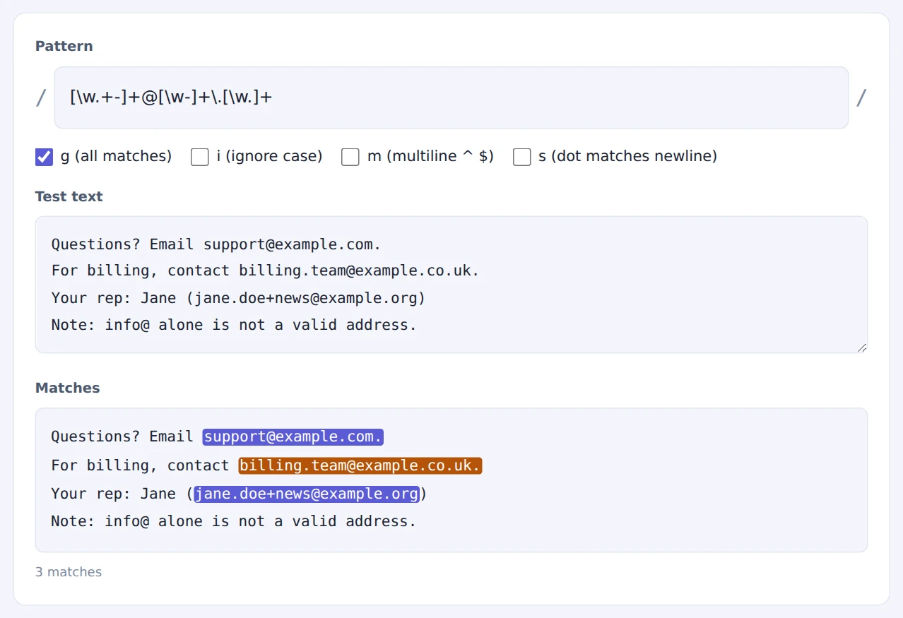 An email pattern entered, with three email addresses highlighted in the test text