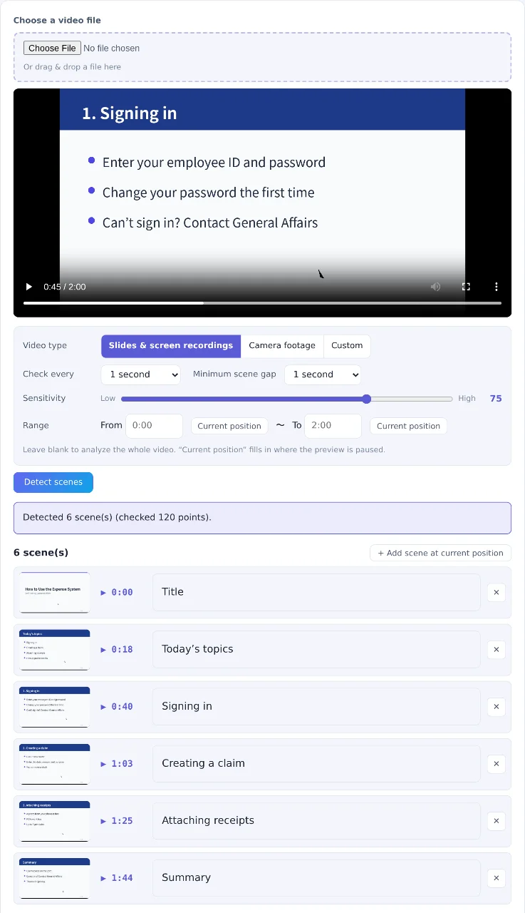 Six scenes found in a recorded training session, listed with their times and notes