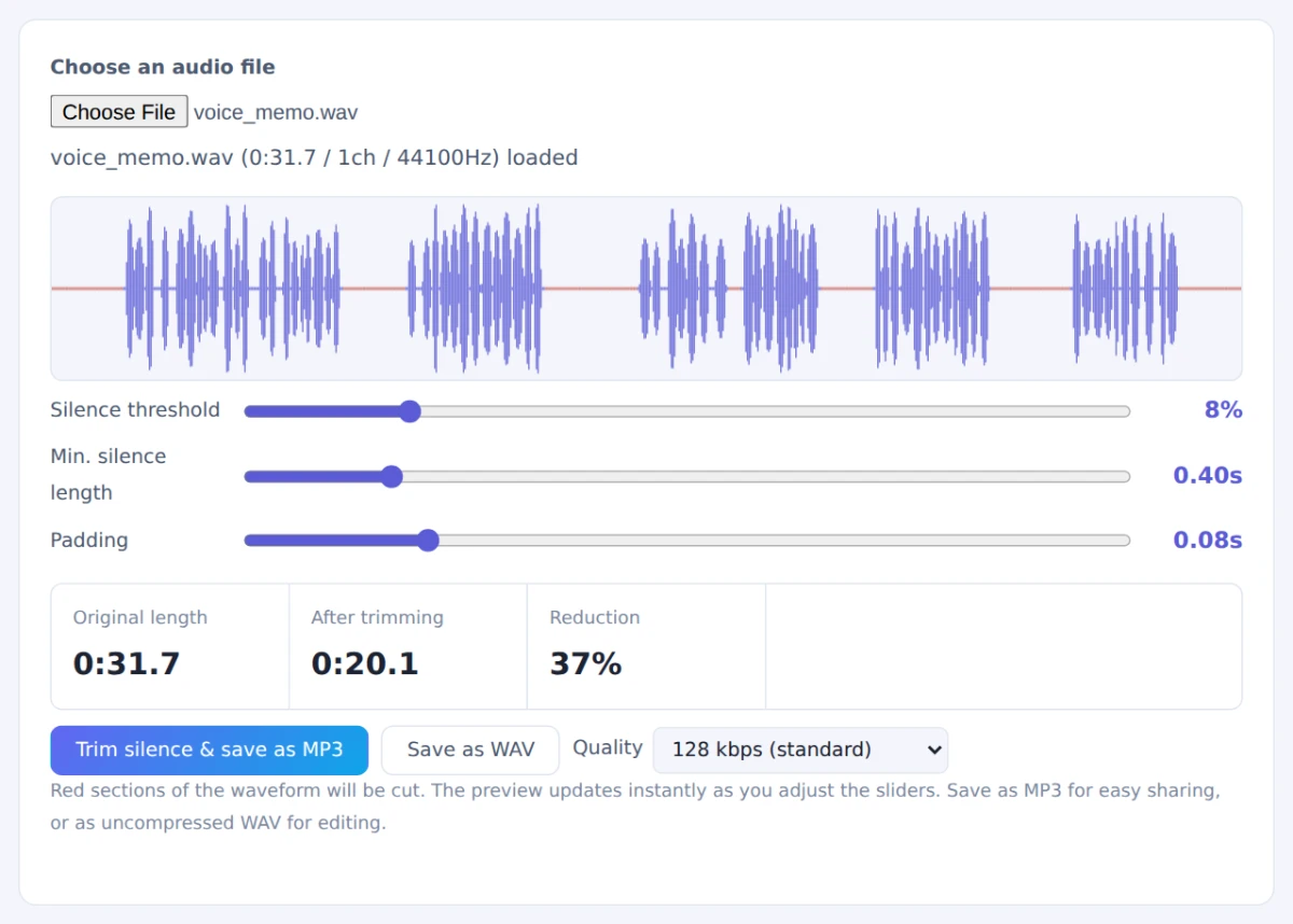 A recording loaded, with silent sections in red and 0:31.7 trimmed to 0:20.1 (37% shorter)