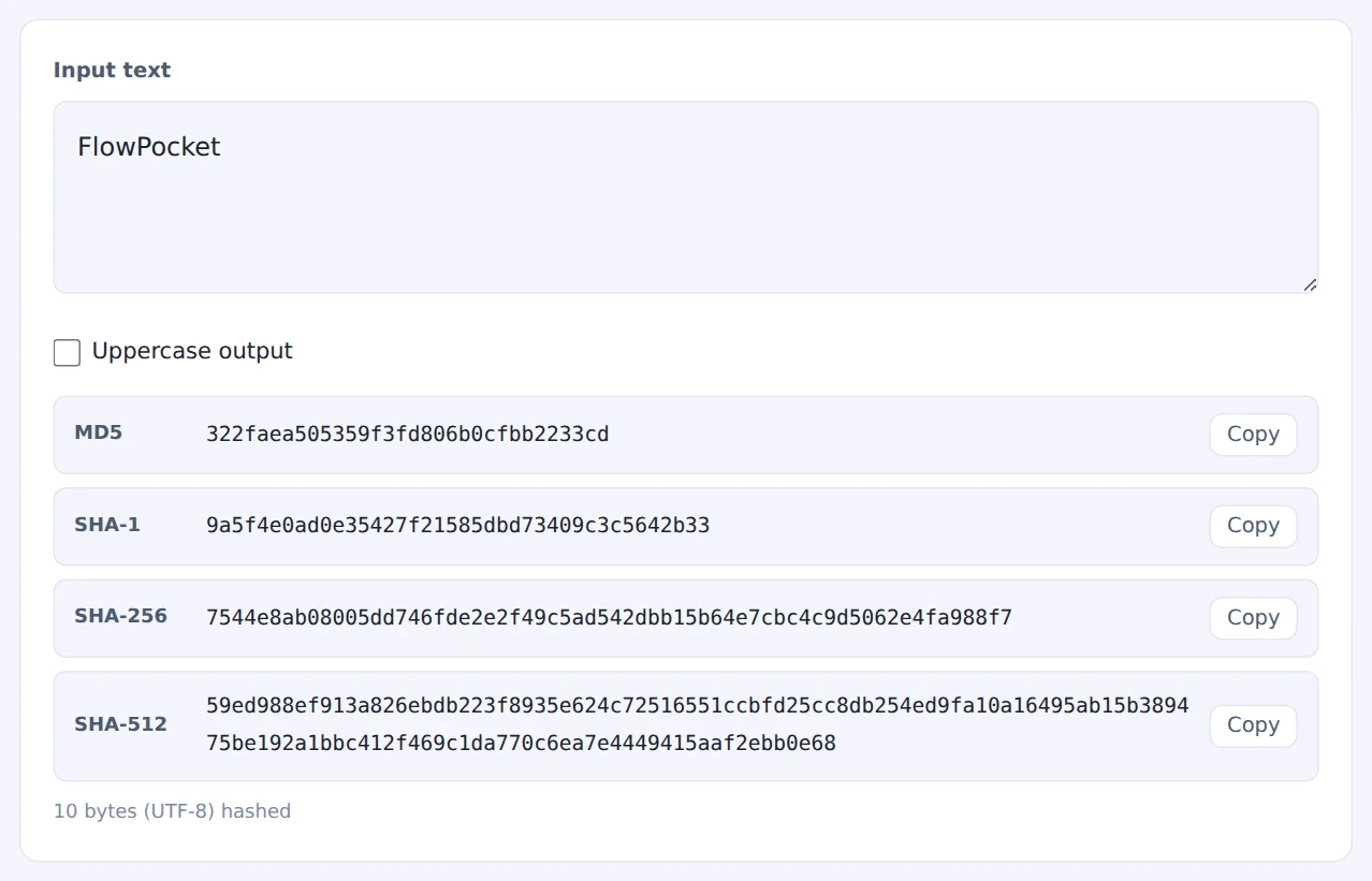 MD5, SHA-1, SHA-256 and SHA-512 hashes of "FlowPocket"