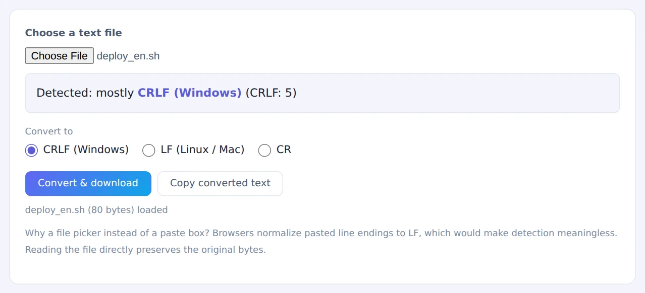 A shell script selected, with its line endings detected as CRLF (Windows)