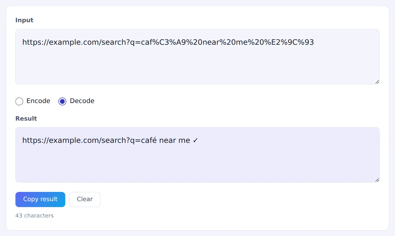 A percent-encoded search URL decoded into readable text