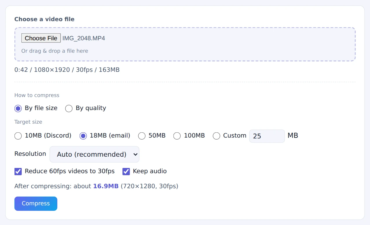 A 0:42, 1080×1920, 163MB video selected, with the expected result for an 18MB target (about 16.9MB at 720×1280)