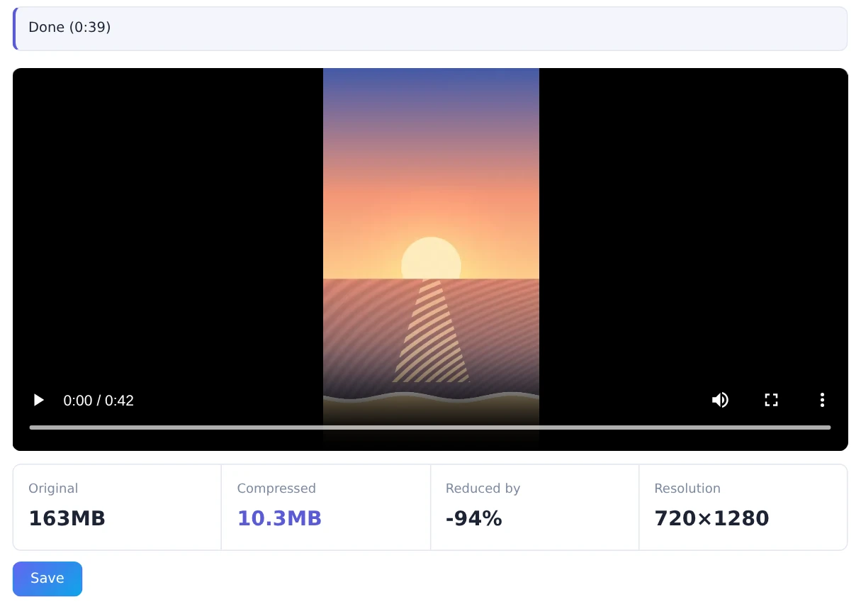 A 163MB video compressed to 10.3MB, with the reduction and resolution shown
