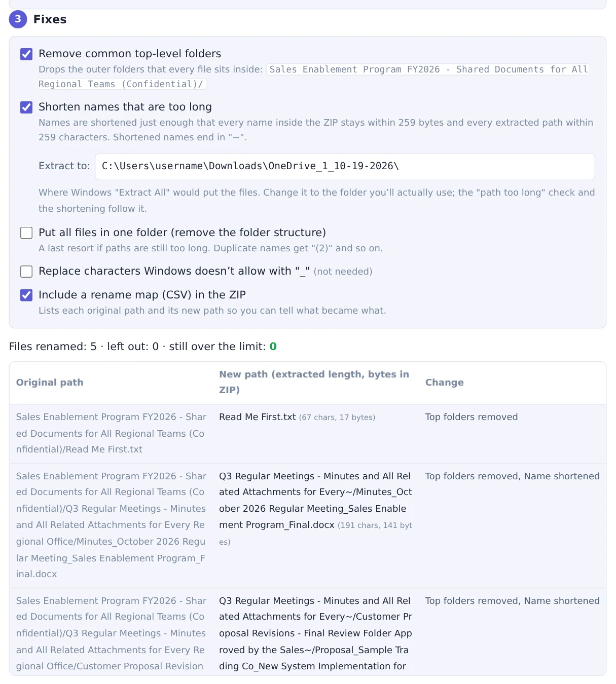 For a SharePoint ZIP, the option to remove common top-level folders and the table of original and new paths