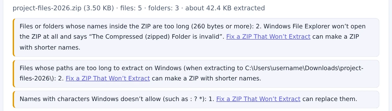 A note warning that names inside the ZIP are too long and Windows will call it invalid