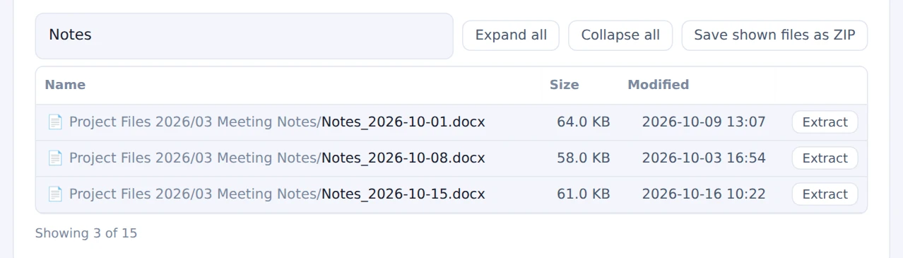 The list filtered by "Notes", showing only matching files