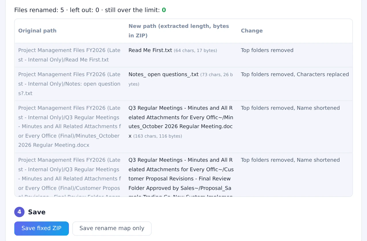 The list of files to be renamed and the "Save fixed ZIP" button in Fix a ZIP That Won’t Extract