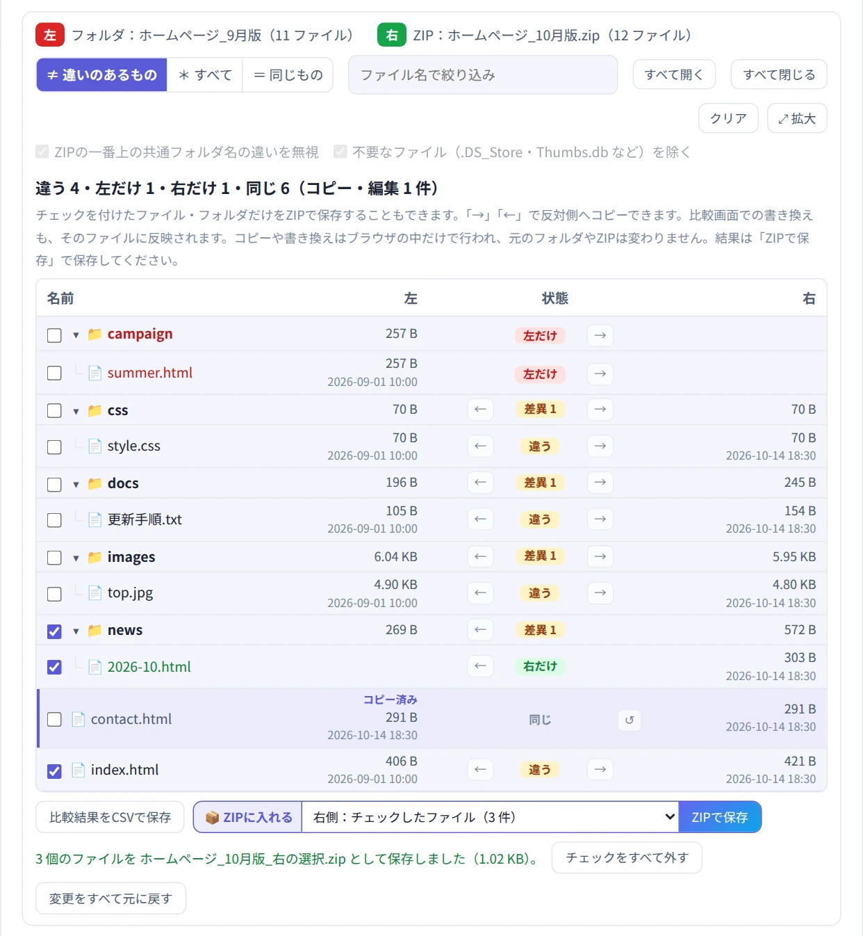 contact.htmlを左へコピーし、チェックを付けたファイルだけをZIPで保存した画面