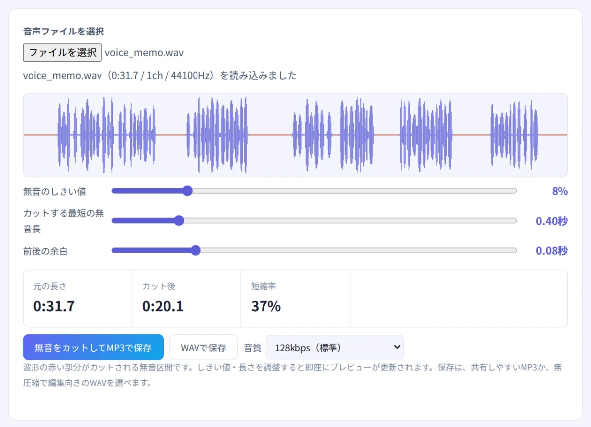音声を読み込み、波形の無音区間が赤く表示され、31.7秒が20.1秒（37%短縮）になった画面