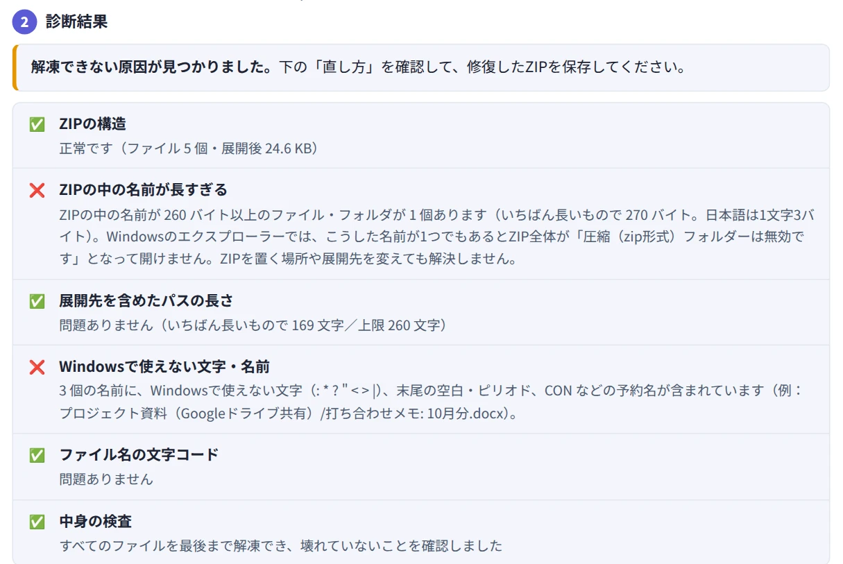 GoogleドライブからダウンロードしたZIPを診断し、ZIPの中の名前が長すぎる・Windowsで使えない文字があると表示された画面