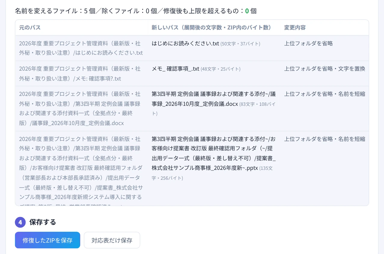 解凍できないZIPの修復で、名前を変えるファイルの一覧と「修復したZIPを保存」ボタンが表示された画面